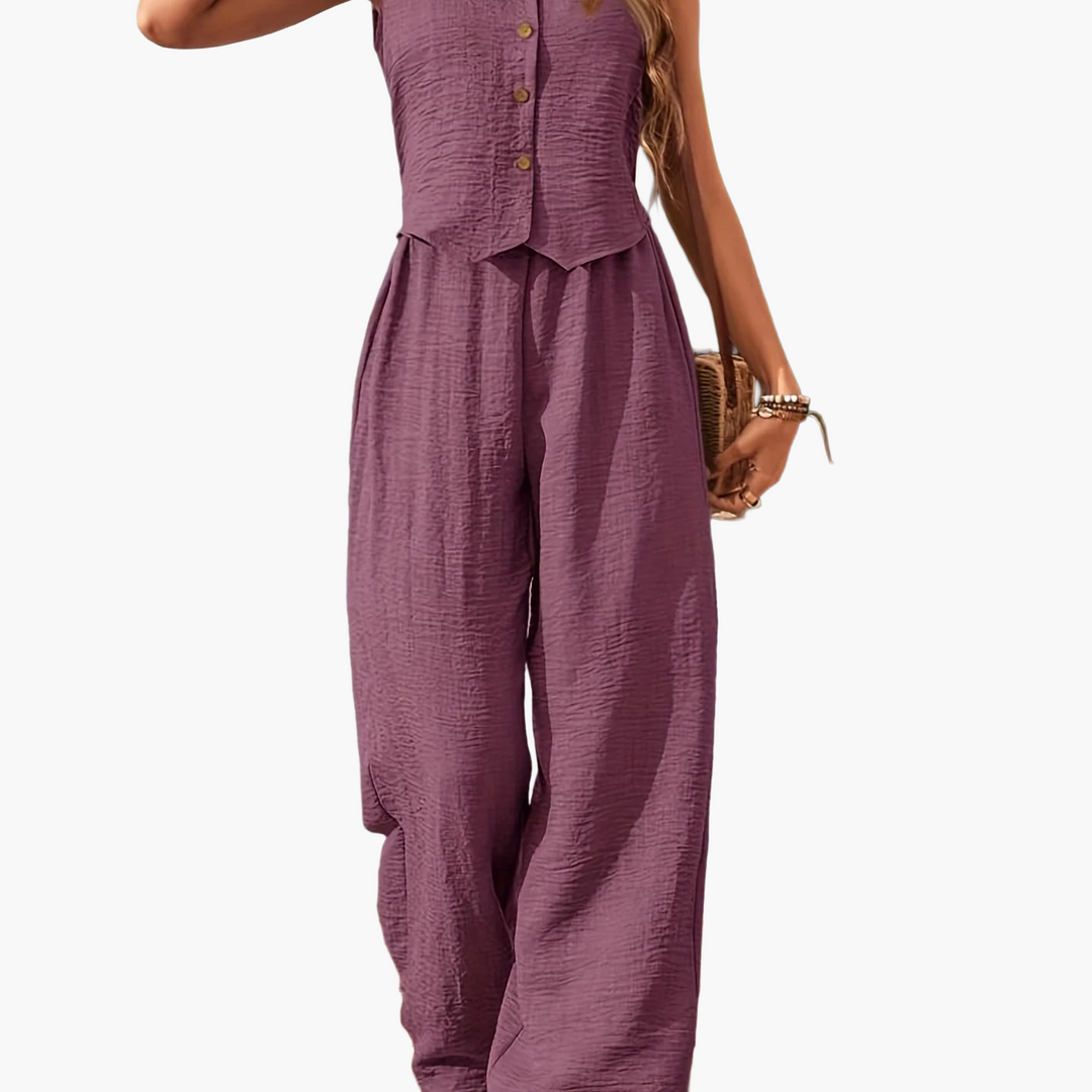 Hochwertiger Damen Sommer Zweiteiler: elegante Weste & weite Hose. Ideal für stilvolle Sommeroutfits.