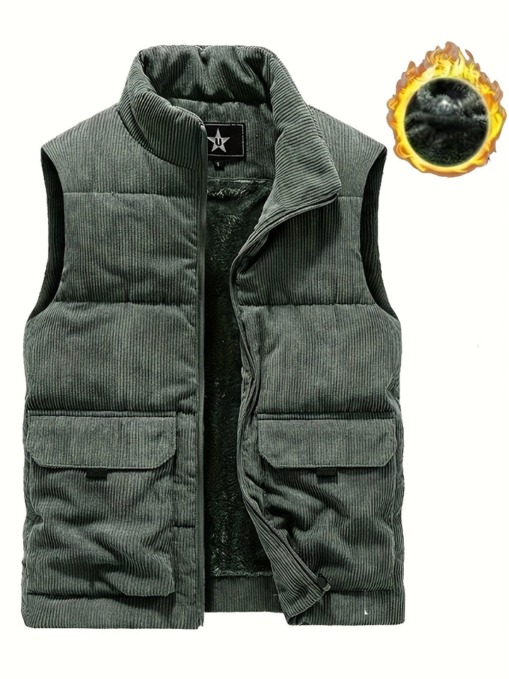 Stylische Herren Cord Steppweste mit Stehkragen & Reißverschluss. Ideal für lässige Freizeit-Outfits.