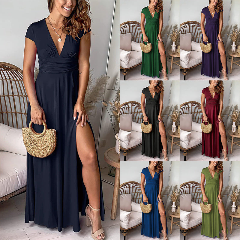 Elegantes Damen Maxikleid mit V-Ausschnitt & hohem Schlitz. Ideal für Sommerabende, Partys & festliche Anlässe.