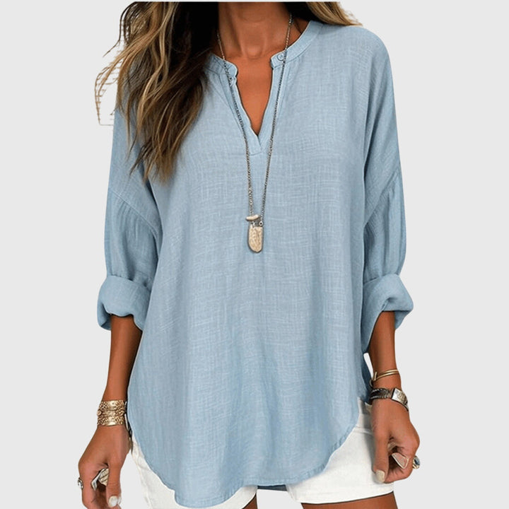 Elegante Damen V-Ausschnitt Bluse mit lockerer Passform, ideal für Sommer und Freizeit.