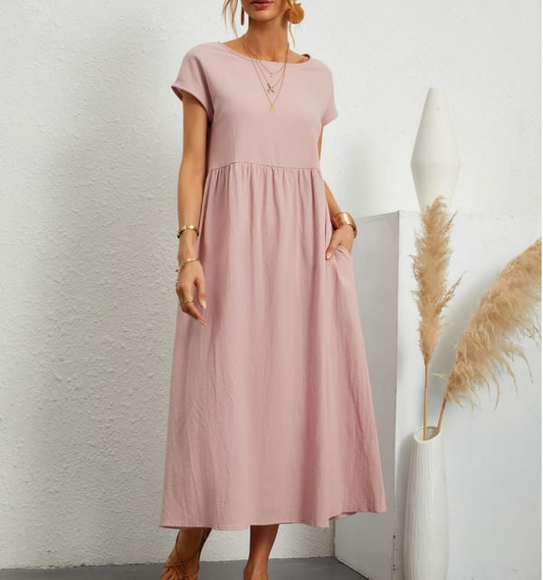 Nahaufnahme des hochwertigen, luftigen Leinenstoffs vom Elodie Damen Sommerkleid. Bequemes Freizeitkleid.
