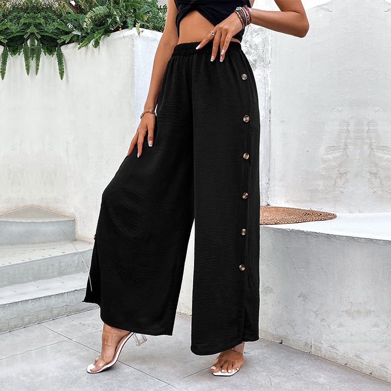 Elegante schwarze Damenhose mit weitem Bein & hoher Taille, perfekt für Büro und Alltagsmode.
