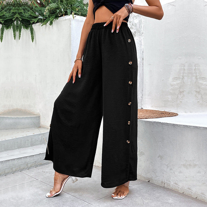 Elegante schwarze Damenhose mit weitem Bein & hoher Taille, perfekt für Büro und Alltagsmode.
