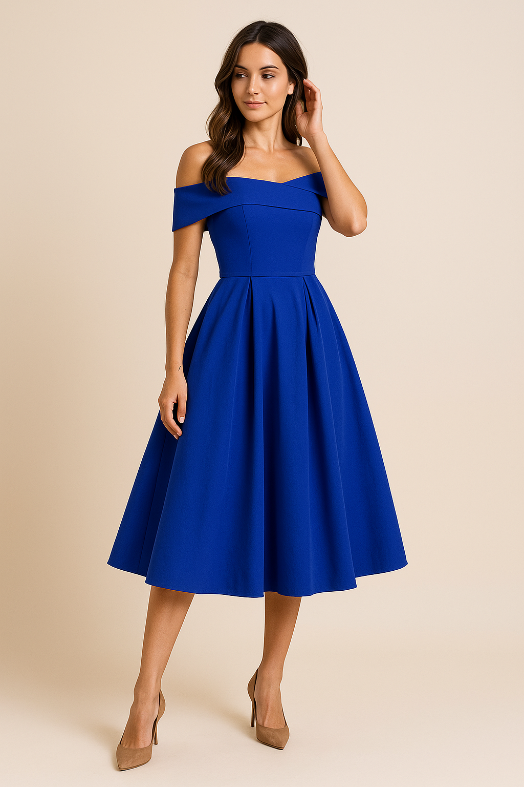 Schickes A-Linien Abendkleid für Damen, schulterfrei, mit fließendem Rock. Ideal für Gala oder Dinner.