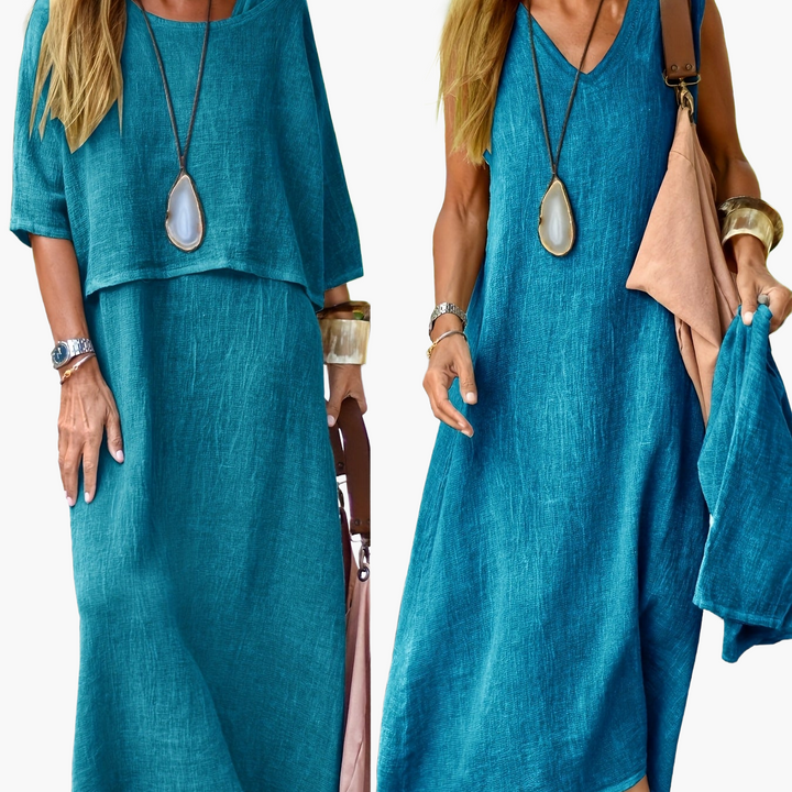 Damen Maxikleid Set im Boho-Stil. Bequemer Zweiteiler, ideal für einen stilvollen Sommer.