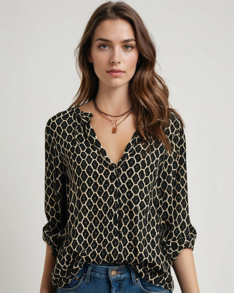 Damen Bluse mit V-Ausschnitt, langarm & elegantem geometrischen Muster. Perfekt für Büro & Freizeit im Frühling.