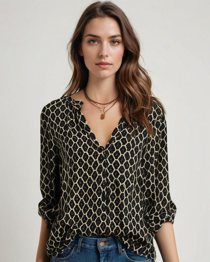 Damen Bluse mit V-Ausschnitt, langarm & elegantem geometrischen Muster. Perfekt für Büro & Freizeit im Frühling.