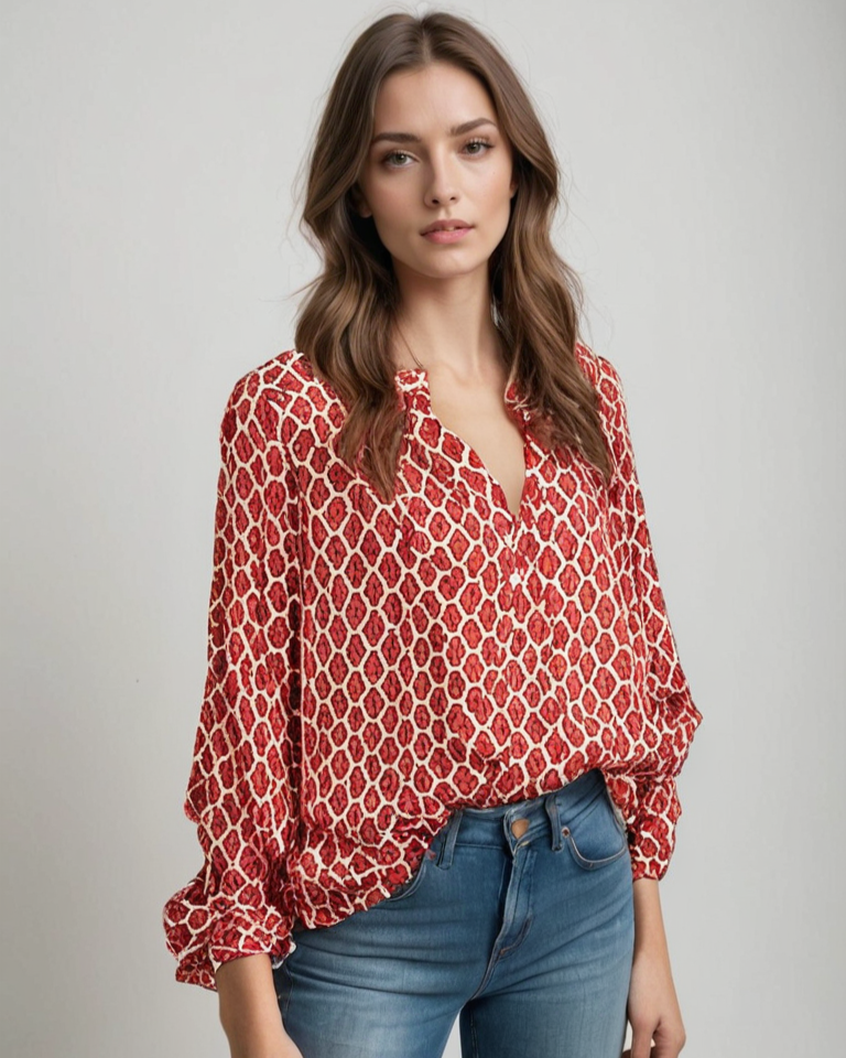 Elegante Damen Peasant Bluse für Frühling/Herbst, V-Ausschnitt, geometrisches Muster, Langarm. Ideal für Büro & Freizeit.