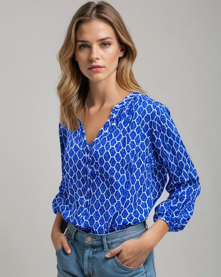 Modische Damen Bluse mit einzigartigem geometrischem Muster, V-Ausschnitt und raffiniertem Button-Detail am Ärmel.