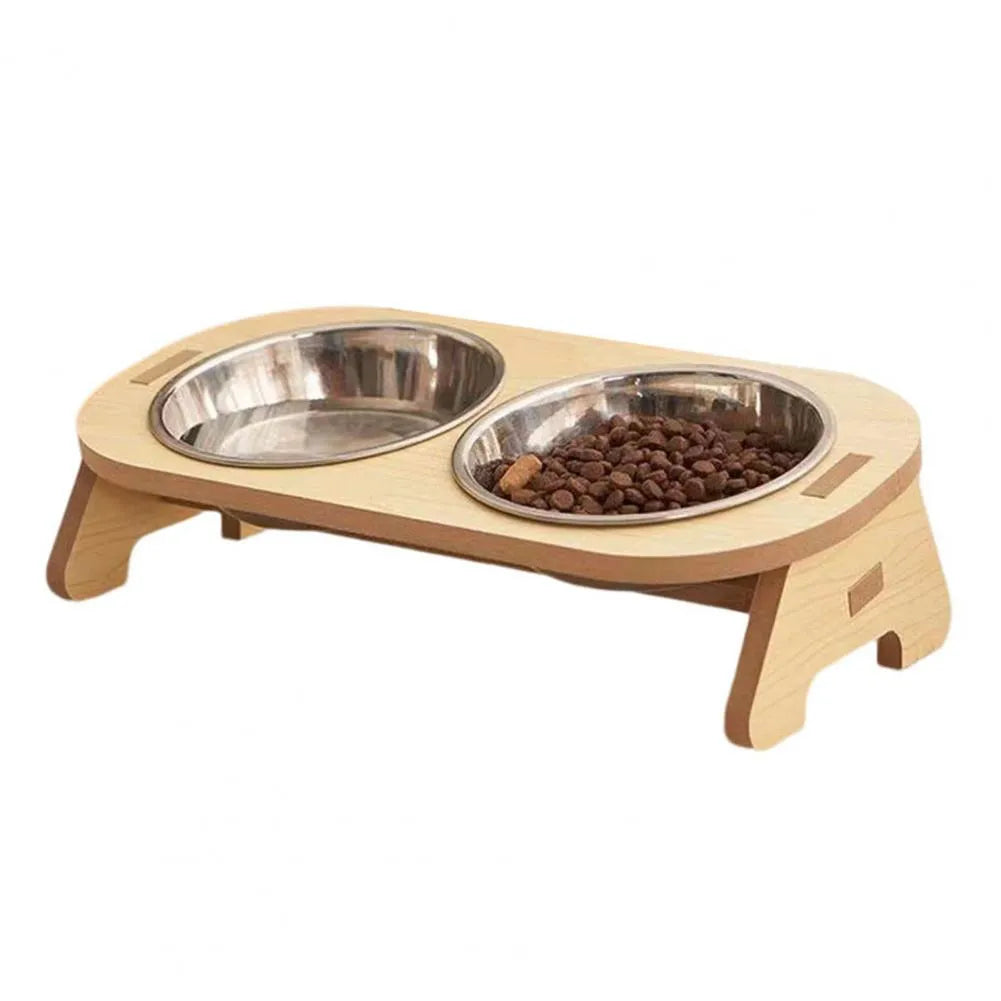 Eleganter Holz-Doppelnapf für Katze & kleinen Hund, mit zwei herausnehmbaren Edelstahlnäpfen, rutschfestes Design.