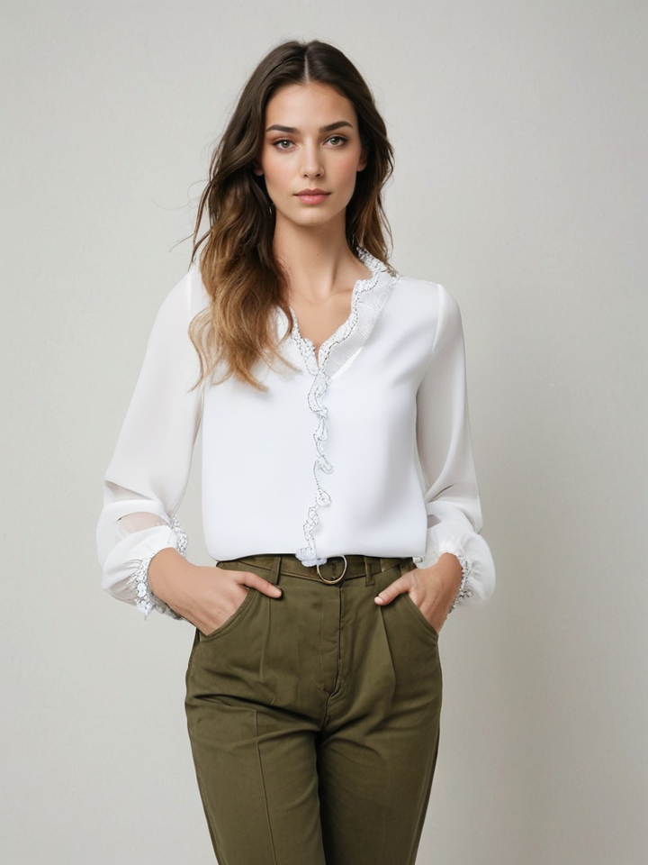 Modische Damen Rüschenbluse Langarm, perfekt für Büro- und Freizeit-Looks.