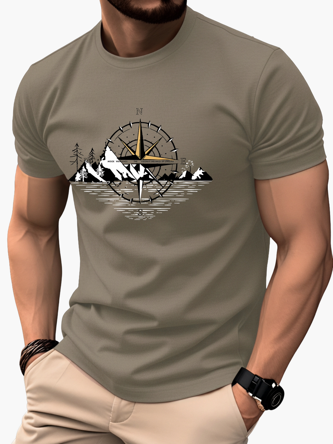 Hochwertiges Herren T-Shirt mit coolem Kompass-Berg-Print. Atmungsaktives Kurzarm Oberteil für alle Outdoor-Aktivitäten.