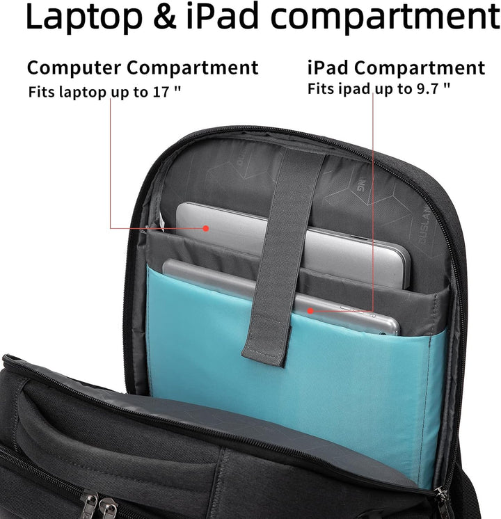 Moderner Reise-Tagesrucksack mit Diebstahlschutz, USB-Ladefunktion und Gepäckgurt.
