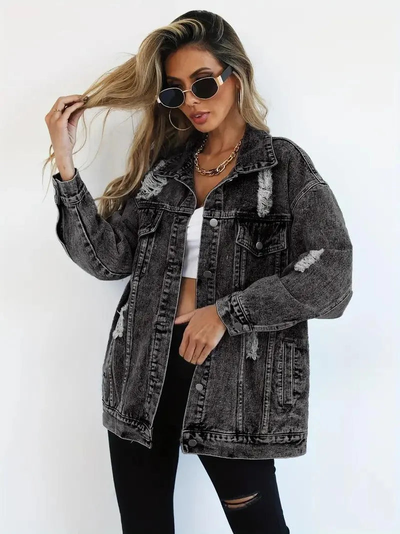 Dunkle Oversized Damen Jeansjacke, gefüttert, mit Kapuze, wasserdicht. Herbst/Winter Must-have.