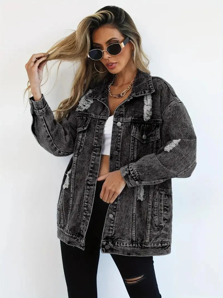 Dunkle Oversized Damen Jeansjacke, gefüttert, mit Kapuze, wasserdicht. Herbst/Winter Must-have.