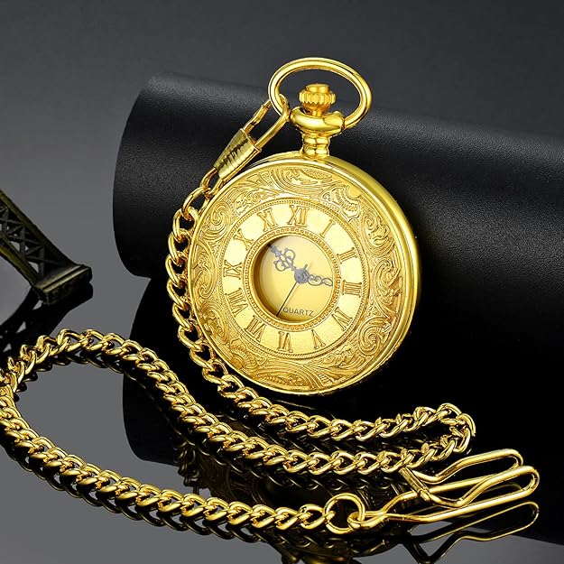 Moderne Retro-Taschenuhr, unisex, Quarzwerk, als stilvolles Accessoire mit Kette.