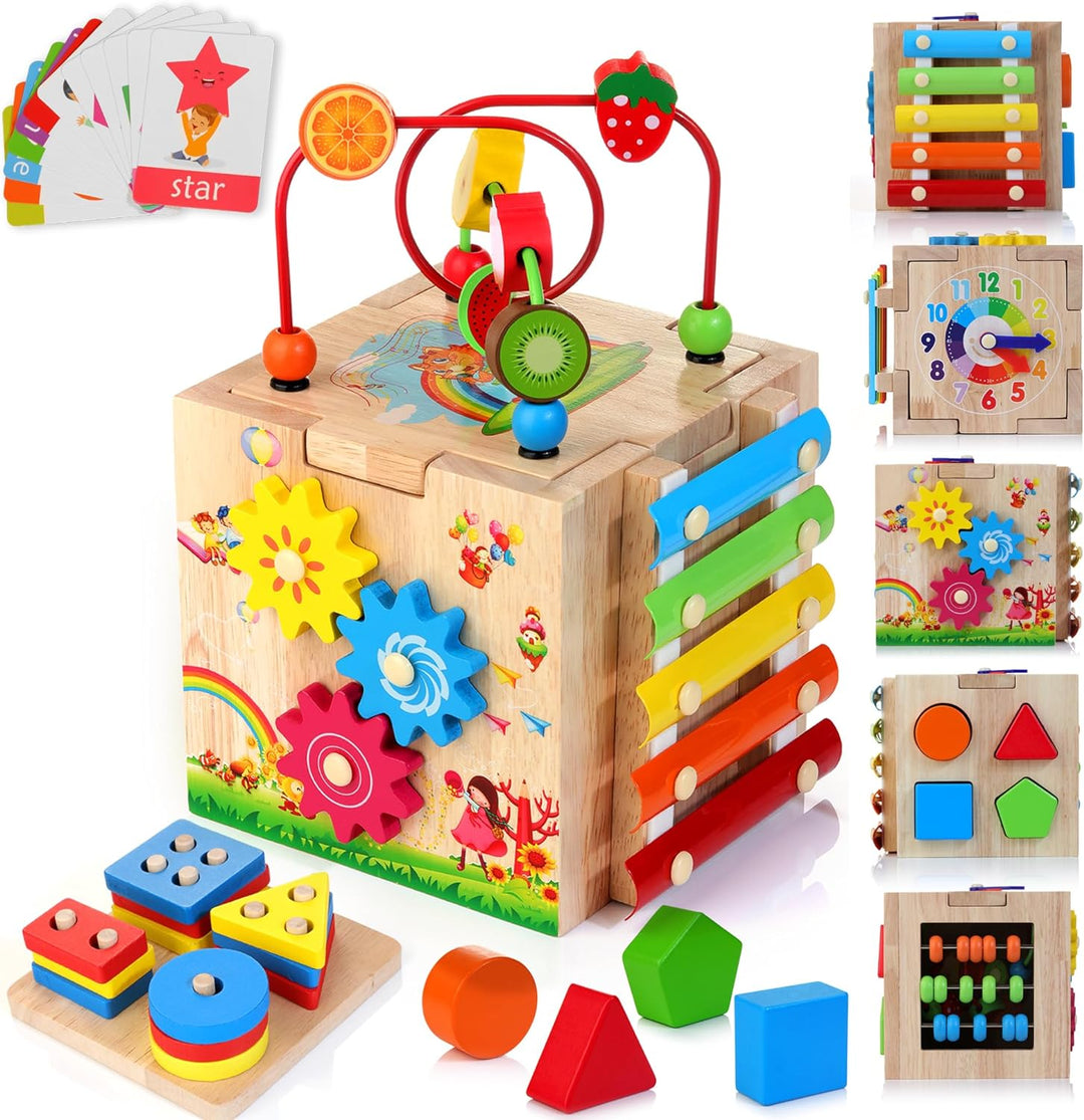 Robuster Aktivitätswürfel aus Holz für Kleinkinder mit vielfältigen Lernspielen zur Entwicklung der Feinmotorik.