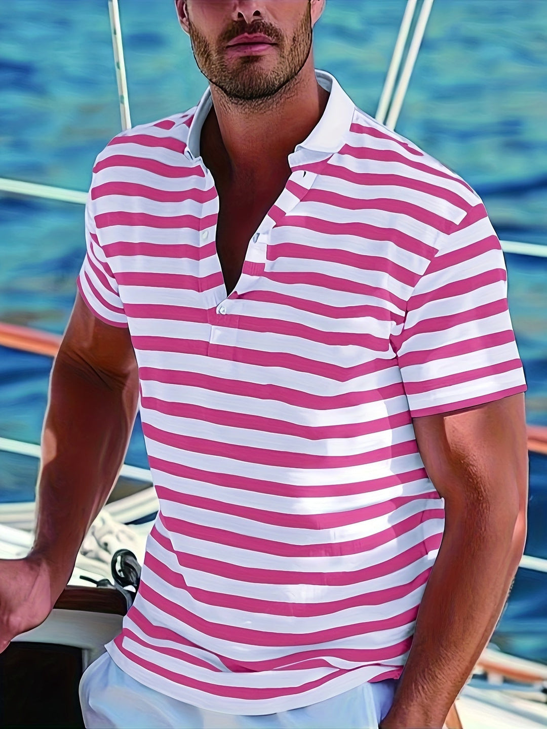 Elegantes Casual Poloshirt für Herren, maritime Streifen, geeignet für Segeln & Freizeit.