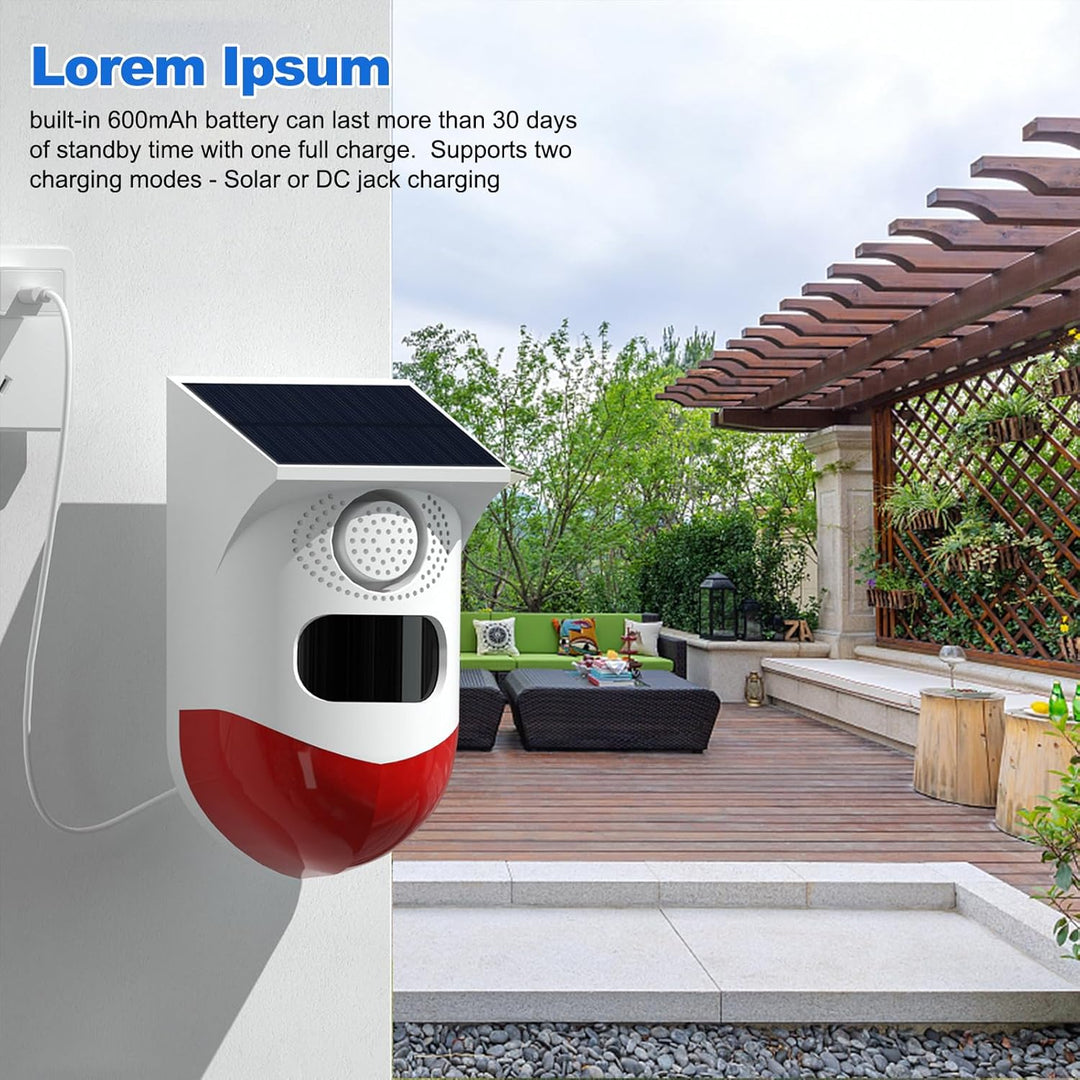 Solarbetriebener Außen-Bewegungsmelder mit Alarm, 120dB Sirene & LED-Stroboskop für umfassende Sicherheit.