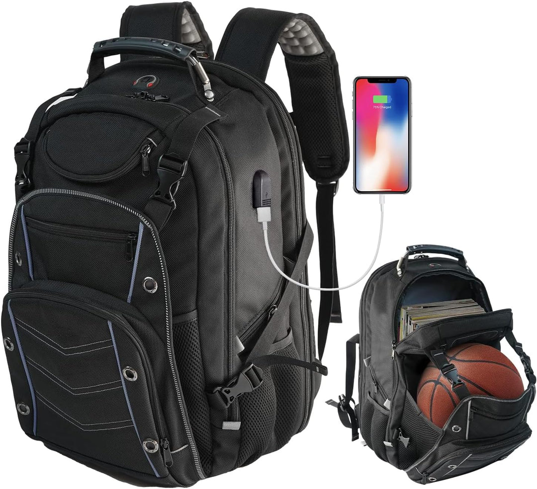 Schwarzer 55L Unisex-Reise-Laptop-Rucksack mit USB-Ladefunktion & RFID-Schutz; ideal für Flugreisen.