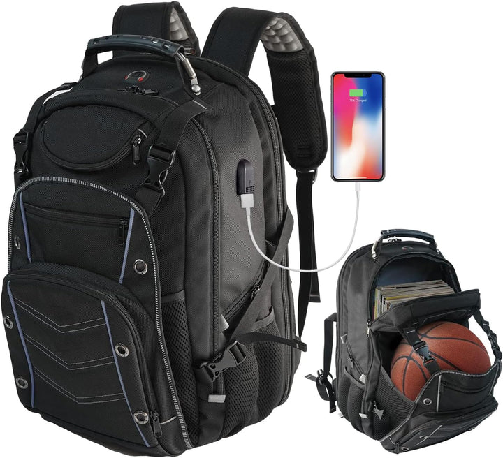 Schwarzer 55L Unisex-Reise-Laptop-Rucksack mit USB-Ladefunktion & RFID-Schutz; ideal für Flugreisen.