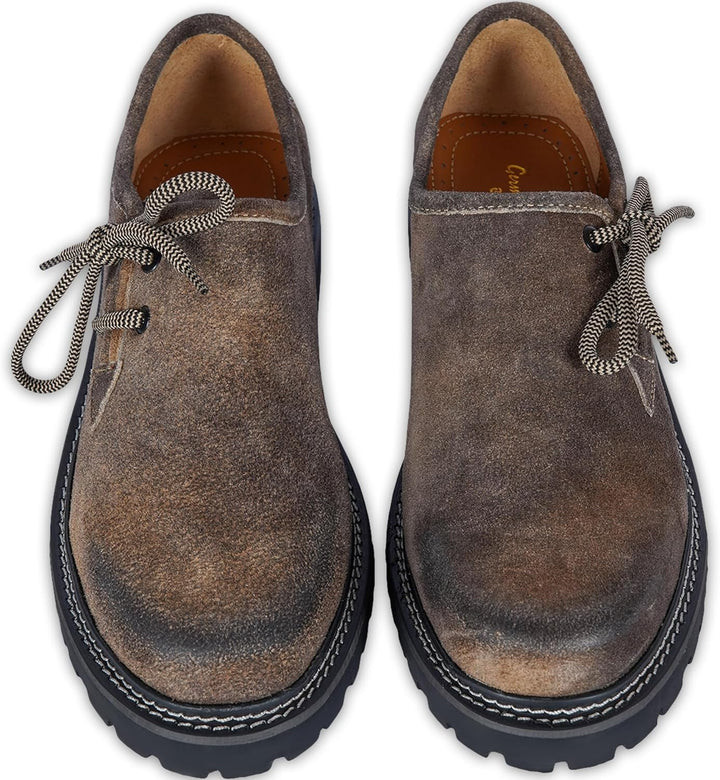 Seitenansicht: Robuste braune Wildleder Haferlschuhe für Herren, traditionell, ideal für Oktoberfest & Feste.