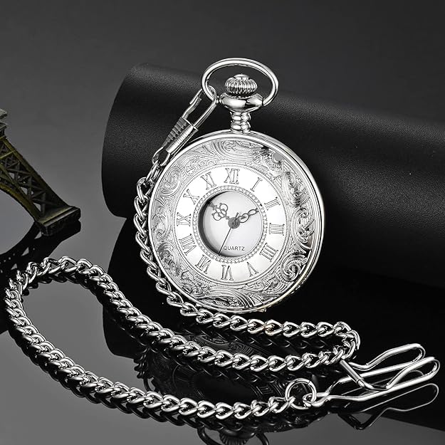 Klassische Unisex Taschenuhr, Retro-Design, Quarzwerk, stilvolles Accessoire mit Kette.