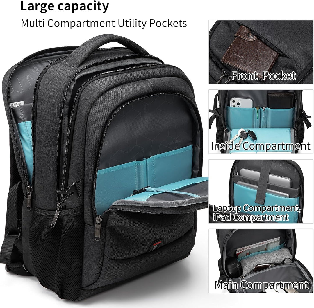 Modernes Reiseaccessoire: Laptoprucksack mit USB, viele Fächer und Gepäckgurt.