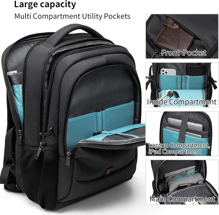 Modernes Reiseaccessoire: Laptoprucksack mit USB, viele Fächer und Gepäckgurt.