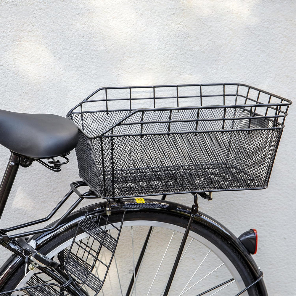 Robuster schwarzer Draht-Fahrradkorb hinten, ideal für Gepäck, Einkäufe und den Transport.