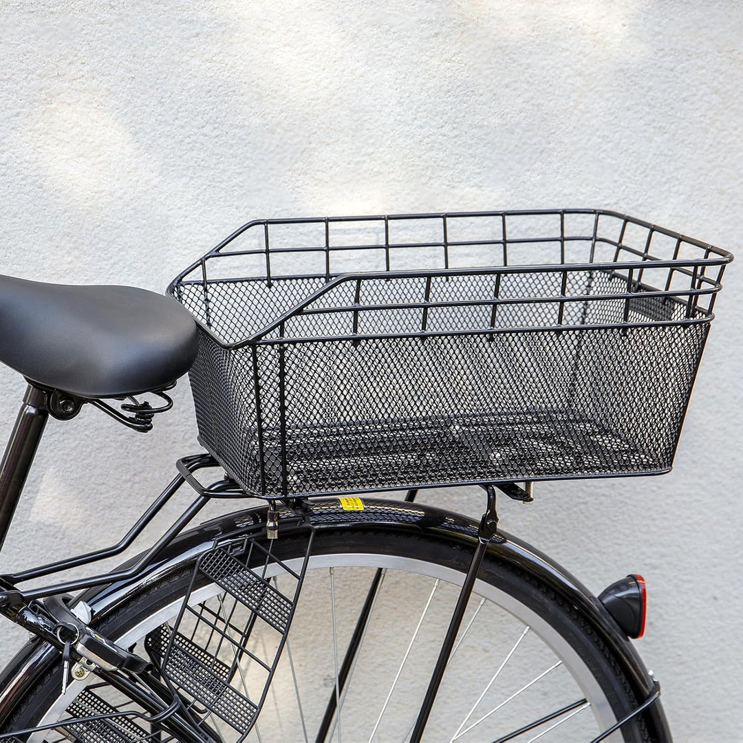 Robuster schwarzer Draht-Fahrradkorb hinten, ideal für Gepäck, Einkäufe und den Transport.