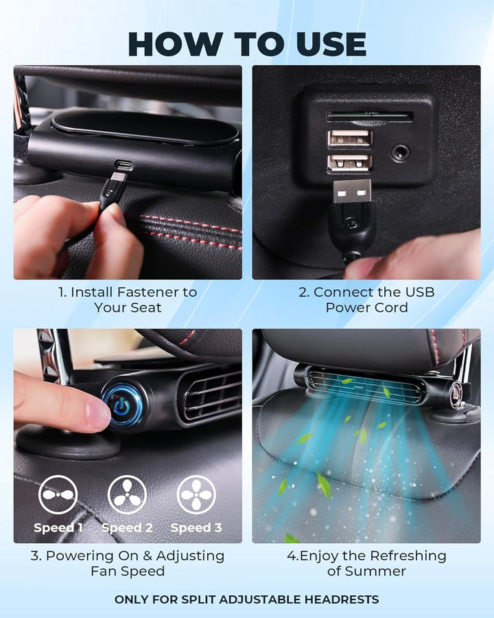 Innovativer USB Lüfter, 3 Geschw., für Kopfstütze. Flügelloses Design, perfekt für frische Luft im Auto im Sommer.