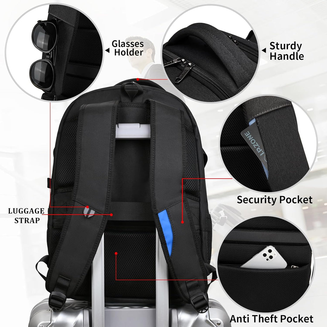 Organisationsrucksack für digitalen Nomaden, USB-Ladefunktion und Laptopfach.