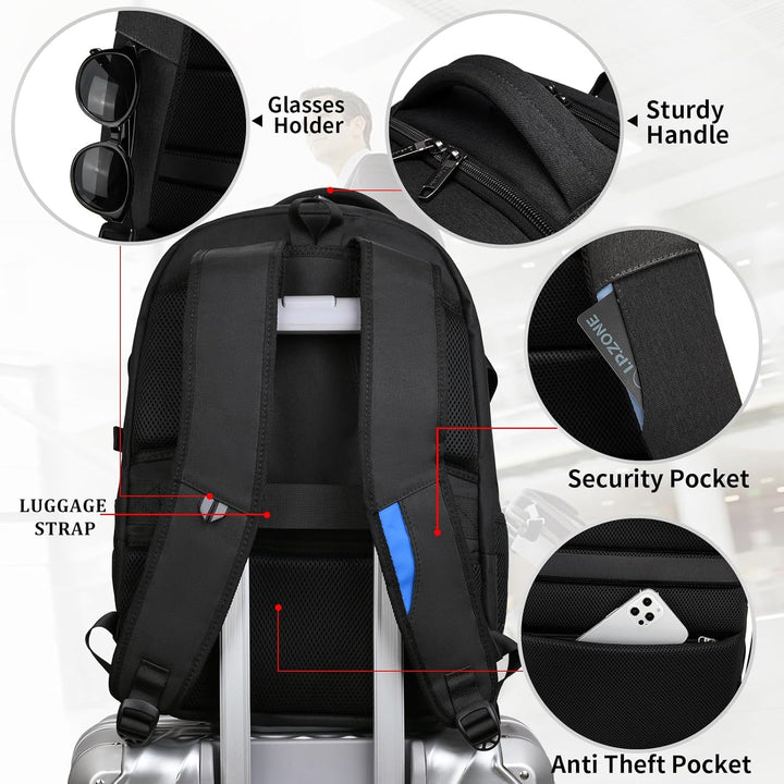 Organisationsrucksack für digitalen Nomaden, USB-Ladefunktion und Laptopfach.