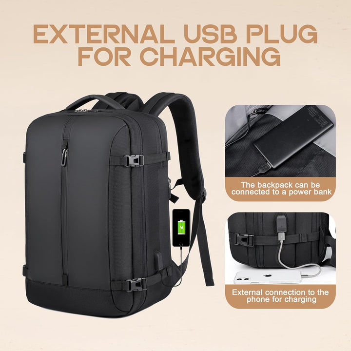 Schwarzer erweiterbarer 40L Unisex Reiserucksack, ideal als Handgepäck, mit viel Stauraum für lange Reisen.