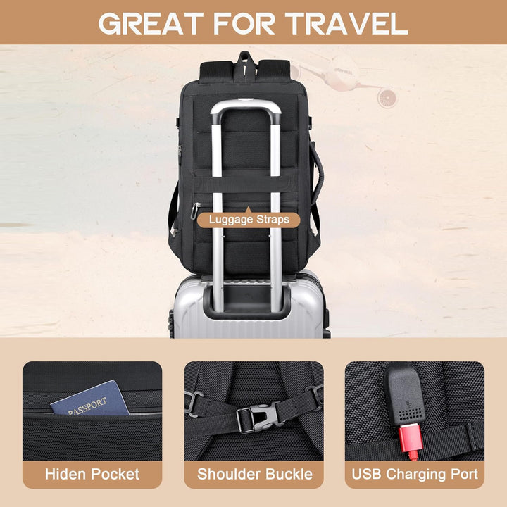 Rückansicht des Rucksacks mit Anti-Diebstahl-Fächern. Sicherer Transport von Wertsachen auf Reisen.