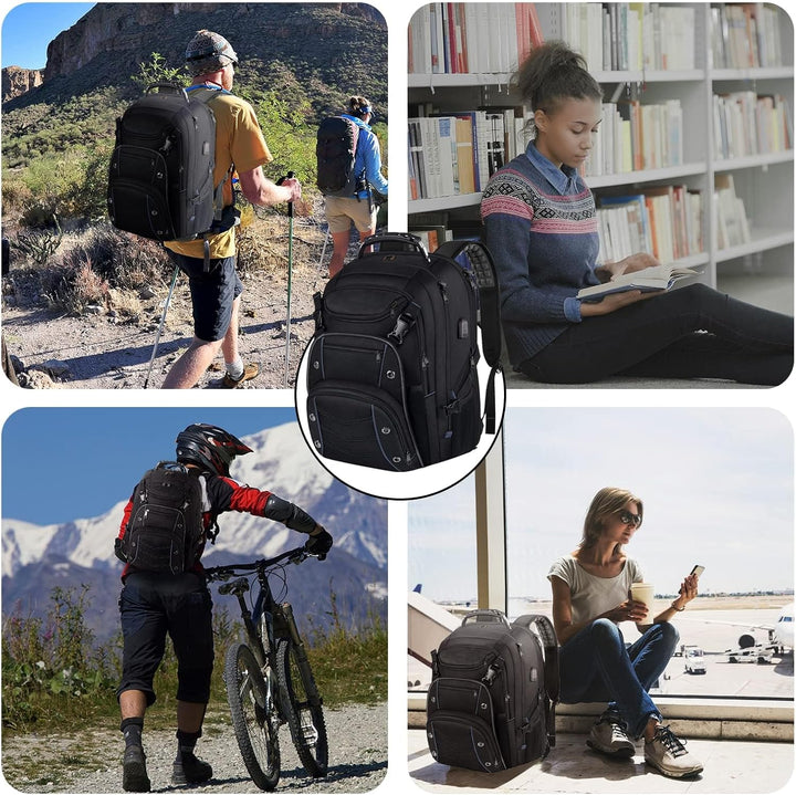 Moderner schwarzer 55L Reise-Laptop-Rucksack mit RFID-Schutz & Diebstahlsicherung; perfekt für sicheres Reisen.