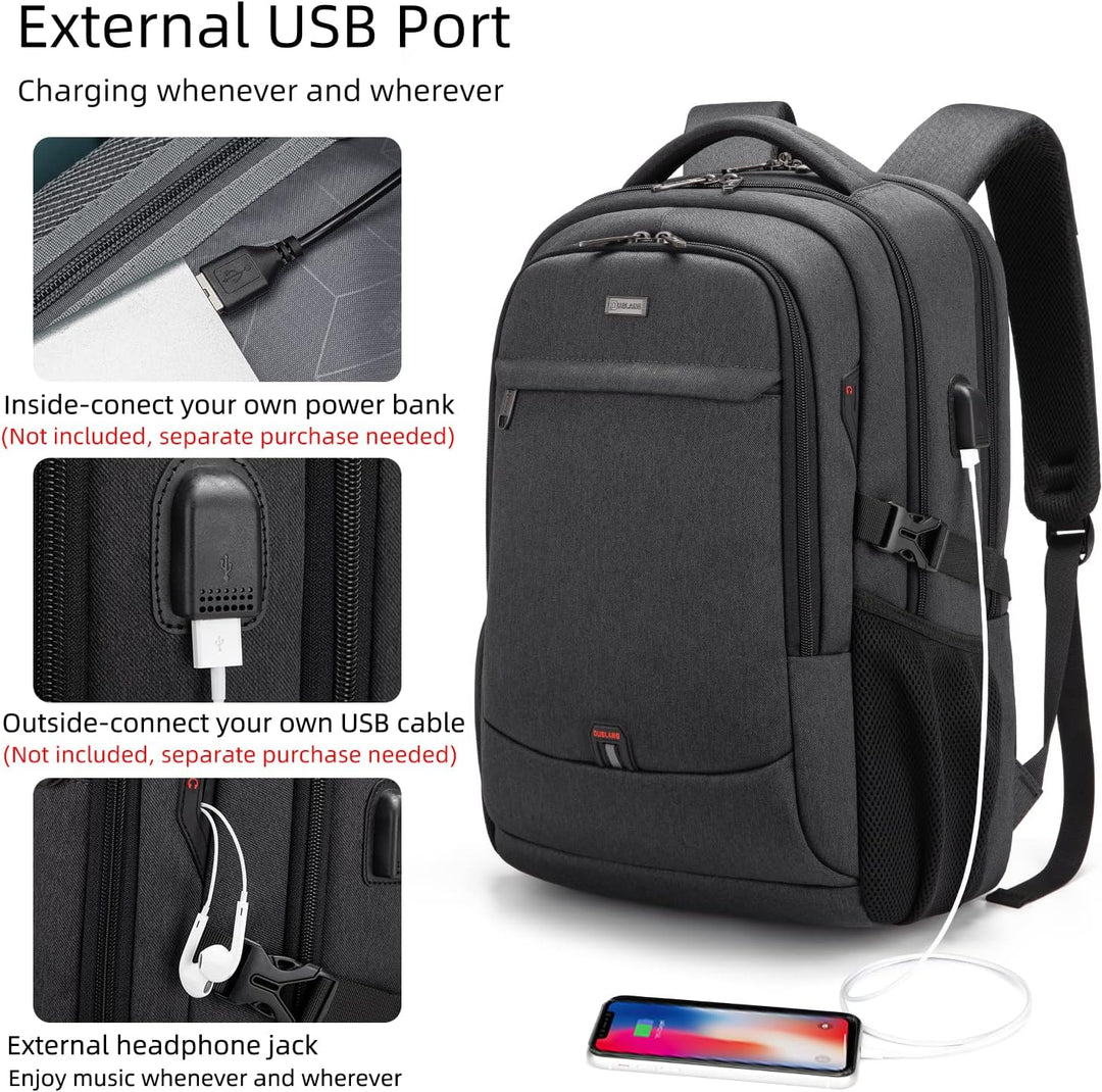 Wasserdichter Reiserucksack mit Laptopfach, USB-Anschluss und integriertem Gepäckgurt.
