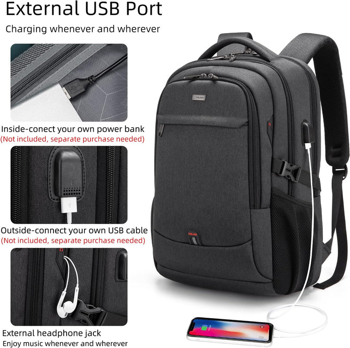 Wasserdichter Reiserucksack mit Laptopfach, USB-Anschluss und integriertem Gepäckgurt.