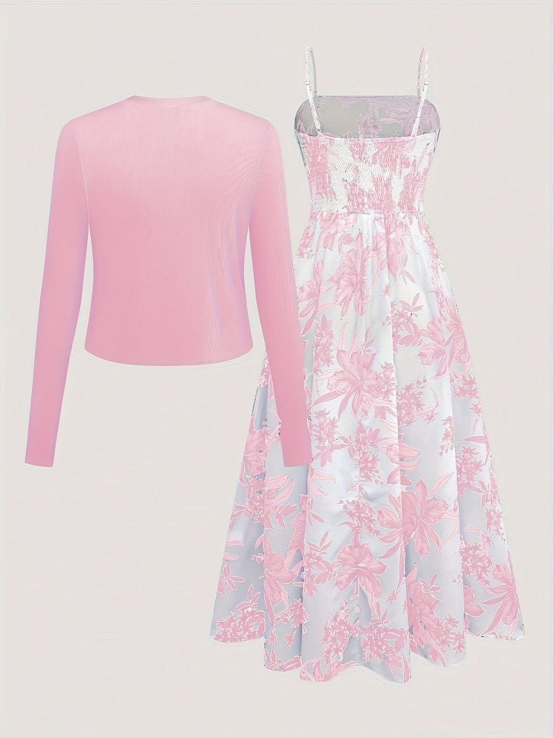 Vielseitiges Damen Midikleid & Cardigan Set. Ein elegantes Freizeitkleid für Frühling und Sommer.
