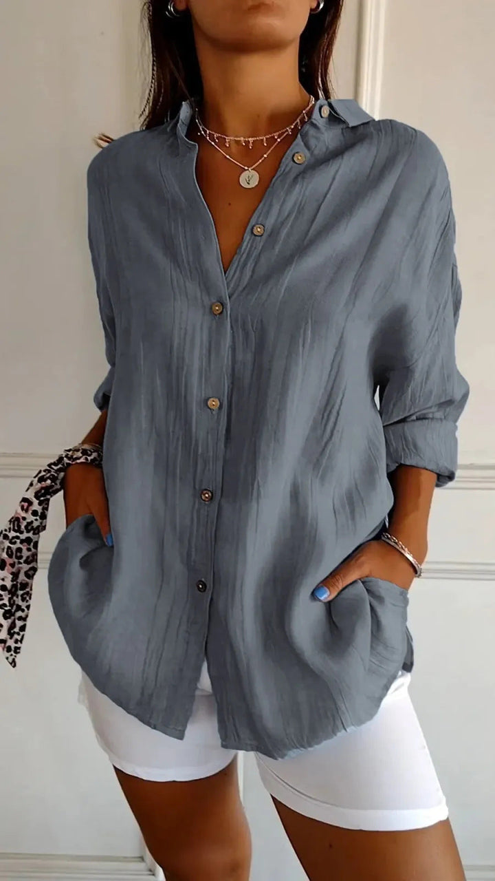 Bequeme Freizeitbluse für Damen. Vielseitiges Langarmshirt mit Knopfleiste, ideal für Frühling, Sommer & Herbst.