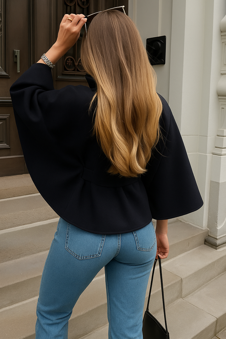Damen-Cape-Mantel mit Taillengürtel, Eleganz für Herbstmode, weite Ärmel, hoher Kragen, bequeme Jacke.