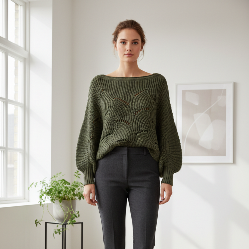 Moderner Damen Pullover mit weiten Batwing-Ärmeln, perfekt für entspannte Herbst- & Winter-Lagenlooks.