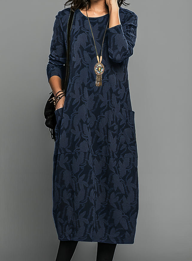 Elegantes Damen Freizeitkleid mit floralem Blumenmuster, perfekt für Herbst & Winter. Lockere Passform, langärmlig.