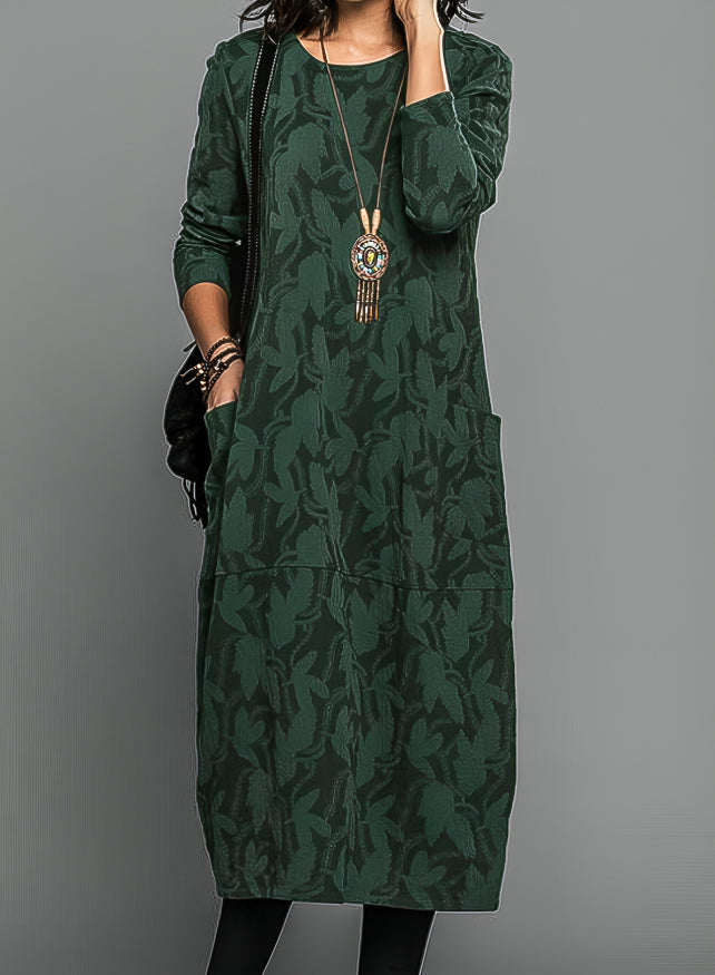 Stilvolles Damen Winterkleid mit Blumenmuster, Rundhals & lockerer Passform für kühle Herbst-/Wintertage.
