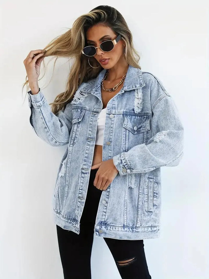 Damen Oversized Jeansjacke Talia mit Kapuze, wasserfest & gefüttert. Perfekt für Herbst & Winter.