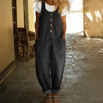 Bequemer, langer Damen-Denim-Overall im Loose-Fit-Stil mit Schnallen, perfekt für Frühling und Sommer.