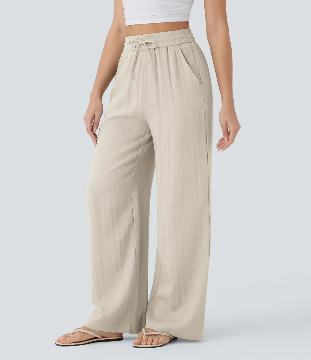 Bequeme Damenhose mit weitem Bein. Stilvolle Sommerhose, perfekt als Freizeithose. Kordelzug.