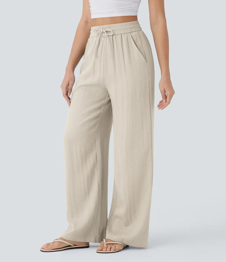 Bequeme Damenhose mit weitem Bein. Stilvolle Sommerhose, perfekt als Freizeithose. Kordelzug.