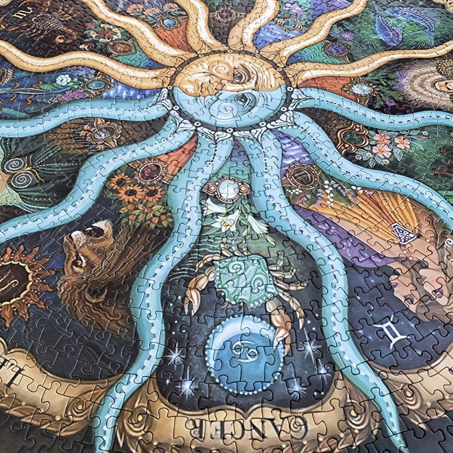 Farbenfrohes, rundes 1000-Teile-Puzzle mit allen zwölf Sternzeichen. Ein tolles Geschenk für Puzzle-Fans.